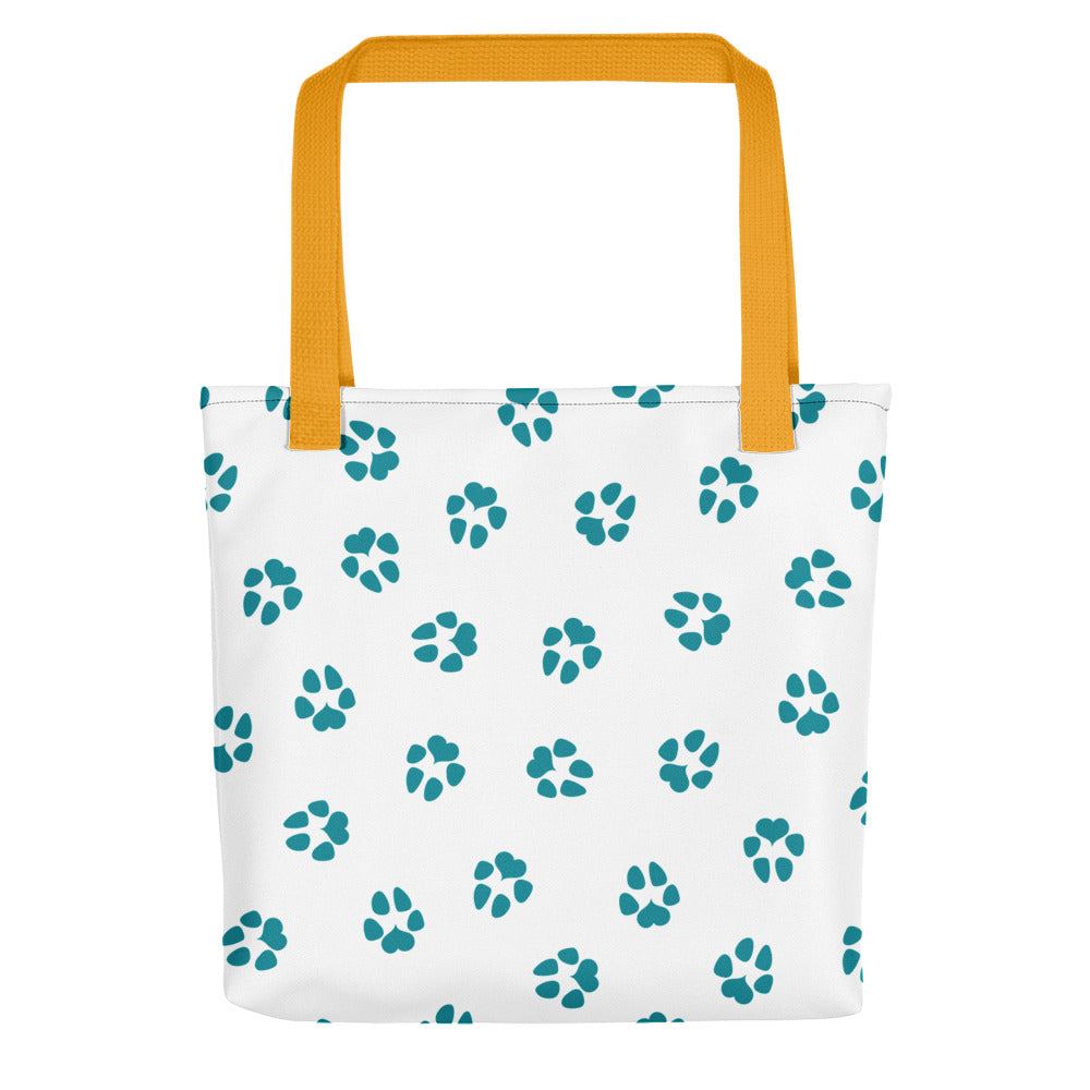 Dog Paw Prints Tote Bag - White, Teal & Yellow