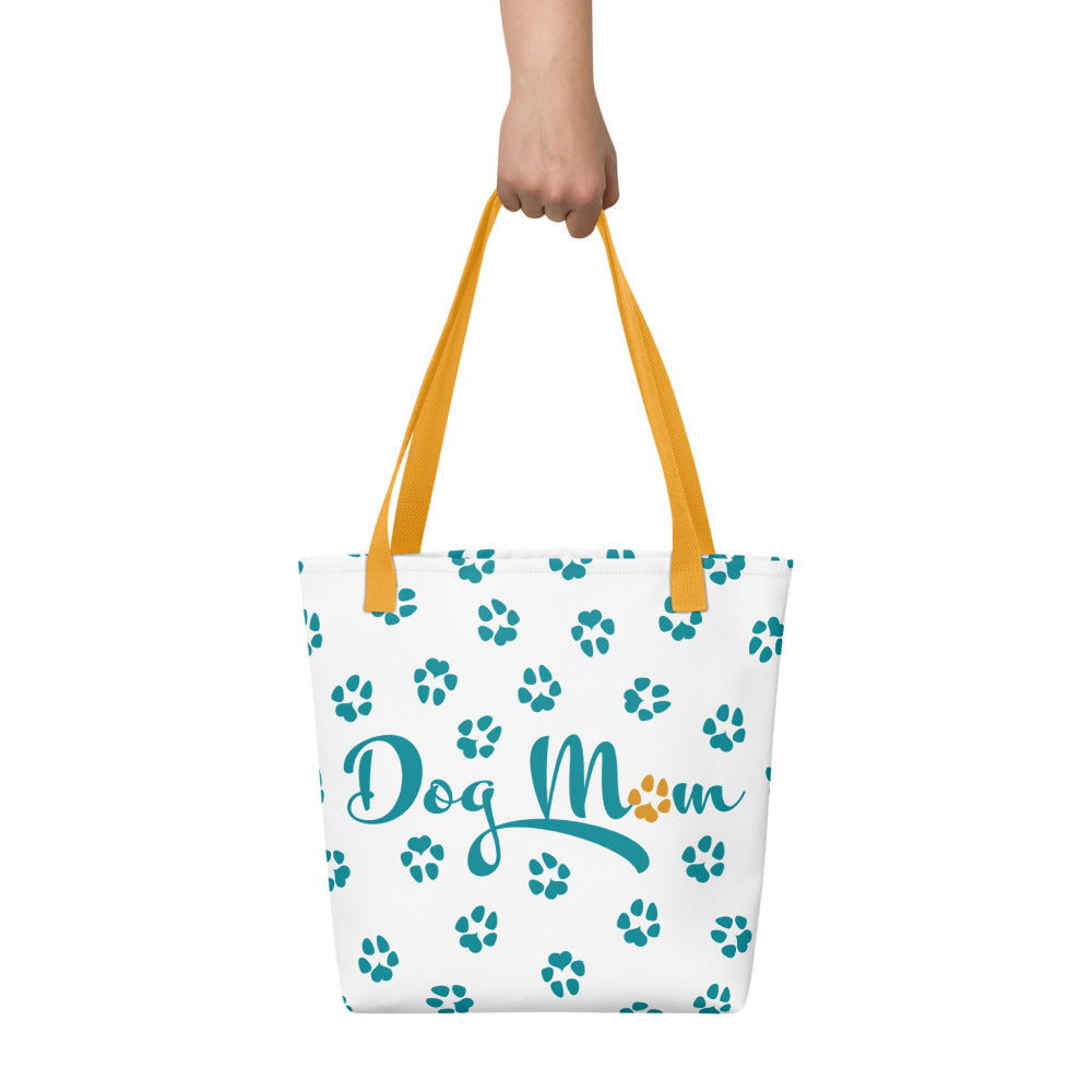Dog Paw Prints Tote Bag - White, Teal & Yellow
