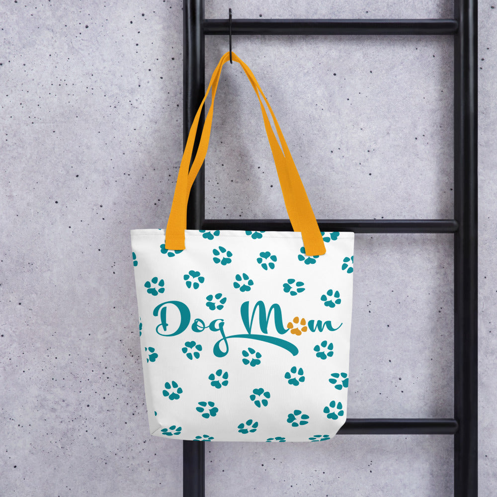 Dog Paw Prints Tote Bag - White, Teal & Yellow