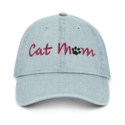 Cat Mom Denim Cap - Pink Lettering